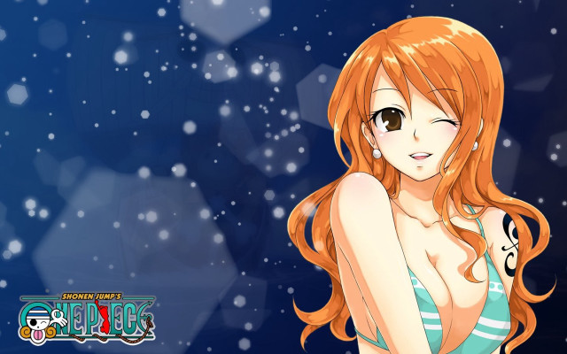 Anime girl redhair bluebikini snowflakes free wallpaper for desktop - medium preview image