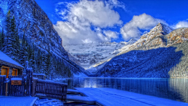 Snowy mountain lake dock cabin free wallpaper for desktop - medium preview image