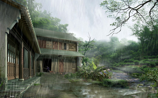 House pond person doorway rain free wallpaper for desktop - medium preview image