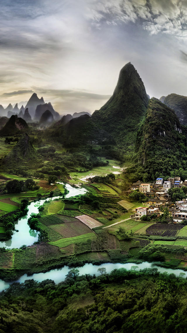 Scenic mountain range river town free wallpaper for mobile - medium preview image