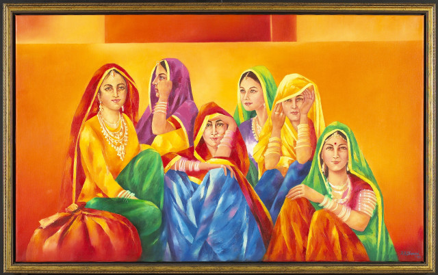 Women colorful clothing sitting room free wallpaper for desktop - medium preview image