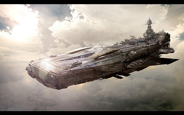 Futuristic ship floating sky clouds free wallpaper for desktop - medium preview image
