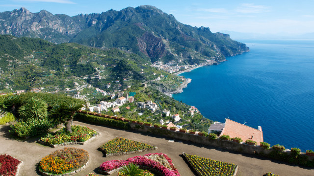 Mountain water garden walkway bridge free wallpaper for desktop - medium preview image