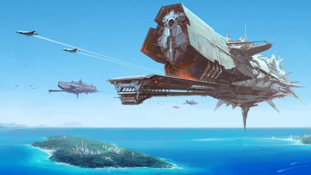 Futuristic ship island ocean plane free wallpaper for desktop - medium preview image