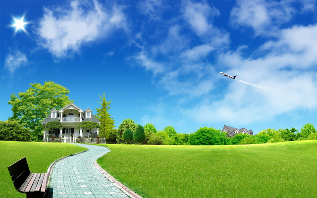 Bench grass field house kite #4 free wallpaper for desktop - medium preview image