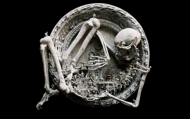 Skeleton plate surrealist clock gears free wallpaper for desktop - medium preview image