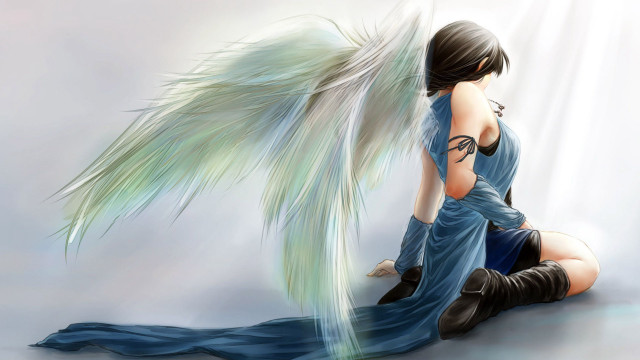 Woman sitting wing blue dress free wallpaper for desktop - medium preview image