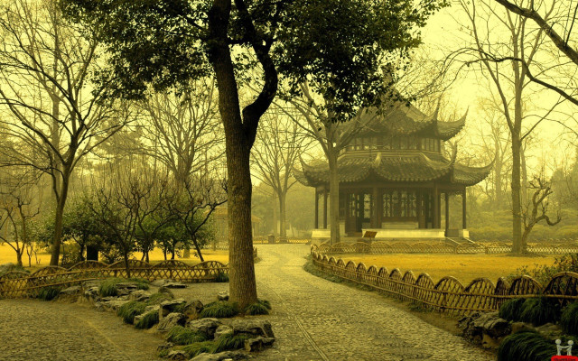 Small pagoda park path trees free wallpaper for desktop - medium preview image