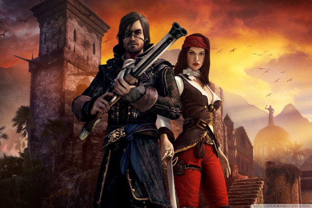 Medieval couple swords castle sunset free wallpaper for desktop - medium preview image