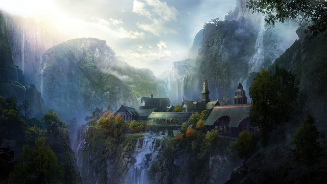 Fantasy castle mountain waterfall below free wallpaper for desktop - medium preview image