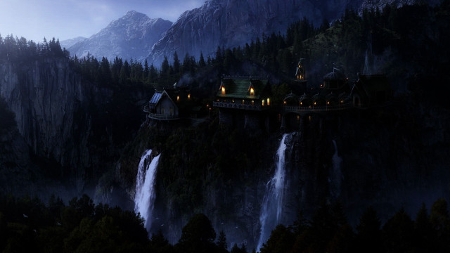 Castle cliff waterfall night lights #3 free wallpaper for desktop - medium preview image