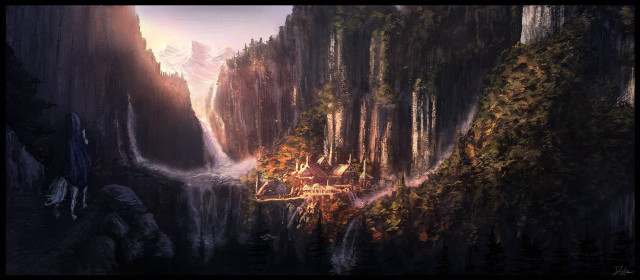 Waterfall mountain landscape painting nature free wallpaper for desktop - medium preview image