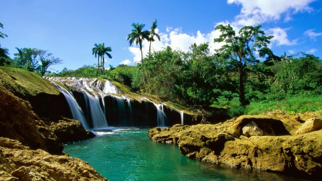 Waterfall forest lake mountain beach free wallpaper for desktop - medium preview image