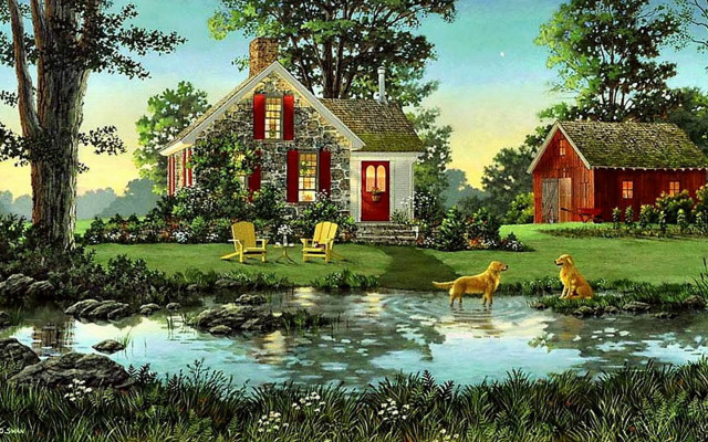 Dog house pond water grass free wallpaper for desktop - medium preview image