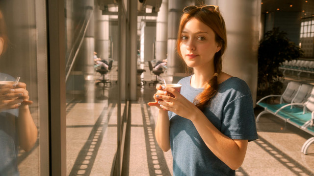 Woman glass door coffee cell #2 free wallpaper for desktop - medium preview image