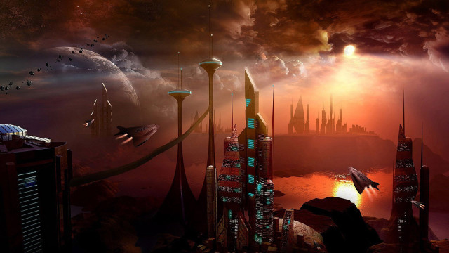 Futuristic city sky background distant free wallpaper for desktop - medium preview image
