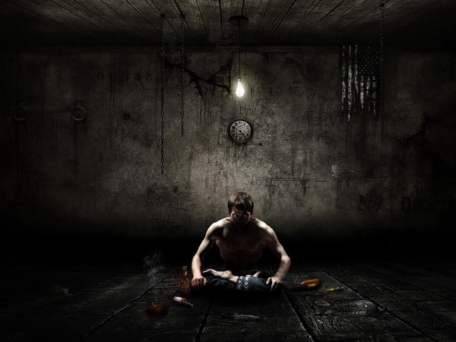 Man sitting dark room clock #3 free wallpaper for desktop - medium preview image