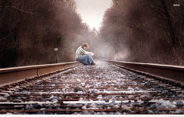 Woman sitting train track woods free wallpaper for desktop - medium preview image