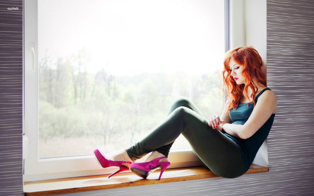 Woman sitting window sill legs free wallpaper for desktop - medium preview image