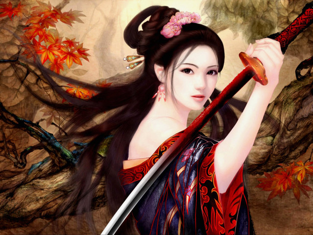 Woman sword painting tree leaves free wallpaper for desktop - medium preview image