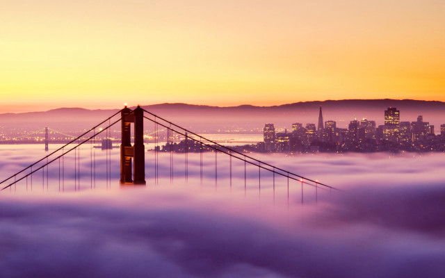 Foggy bridge sunset city distance free wallpaper for desktop - medium preview image