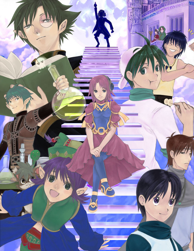 Anime characters stairs sky background free wallpaper for mobile - medium preview image