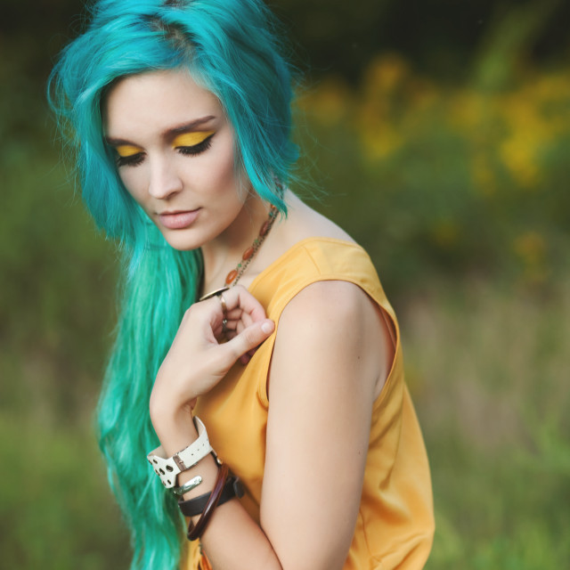 Blue hair yellow dress portrait free wallpaper for tablet - medium preview image