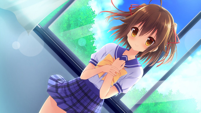 Girl cat schooluniform window blue free wallpaper for desktop - medium preview image