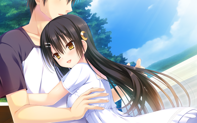 Anime couple hugging tree sky free wallpaper for desktop - medium preview image