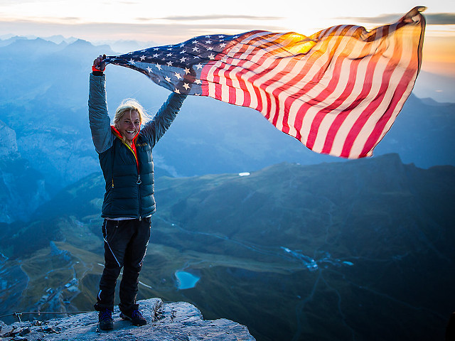 Woman american flag mountain sunset free wallpaper for desktop - medium preview image