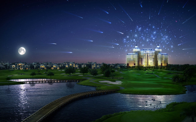 Night golf course fireworks river free wallpaper for desktop - medium preview image