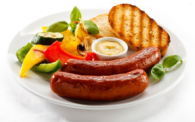 Plate sausages delicious grilled appetizing free wallpaper for desktop - medium preview image