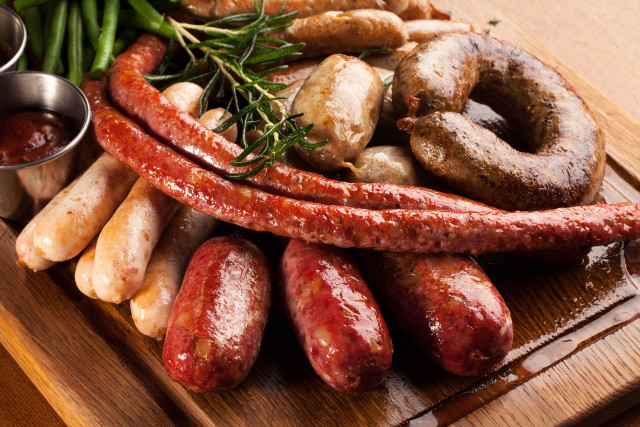 Wooden platter sausages delicious appetizer free wallpaper for desktop - medium preview image
