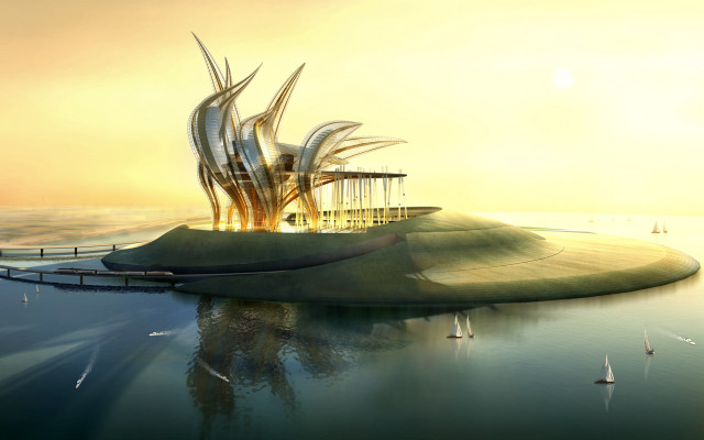 Futuristic floating island building dock free wallpaper for desktop - medium preview image