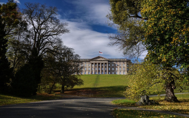 Neoclassical building hill flag autumn free wallpaper for desktop - medium preview image