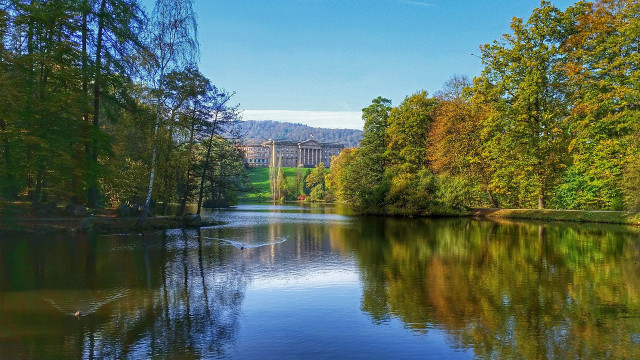 Lake trees building blue sky free wallpaper for desktop - medium preview image