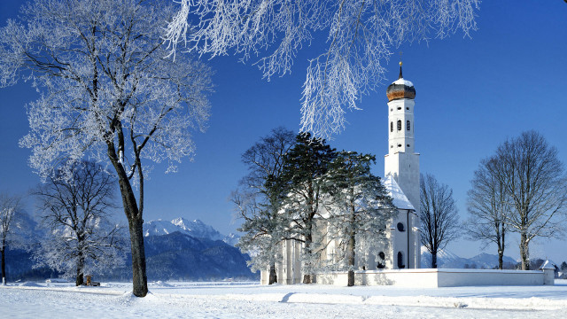 Church clocktower snowyfield trees winter free wallpaper for desktop - medium preview image