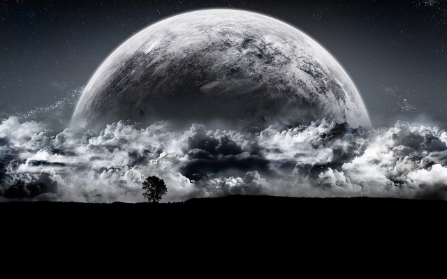 Moon clouds tree black white free wallpaper for desktop - medium preview image