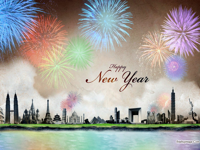 Happy new year fireworks city free wallpaper for desktop - medium preview image