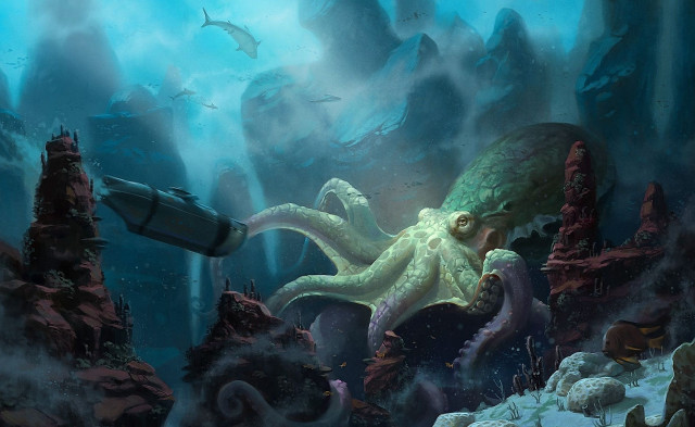 Octopus attacking submarine deep sea free wallpaper for desktop - medium preview image