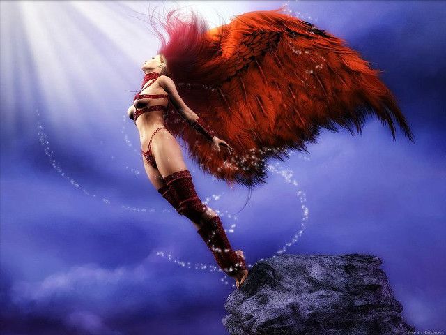 Woman red wings rock sky free wallpaper for desktop - medium preview image