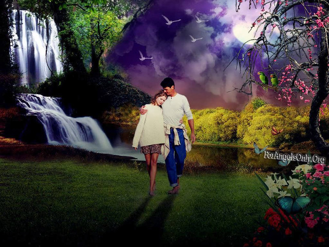 Couple waterfall purple sky birds free wallpaper for desktop - medium preview image