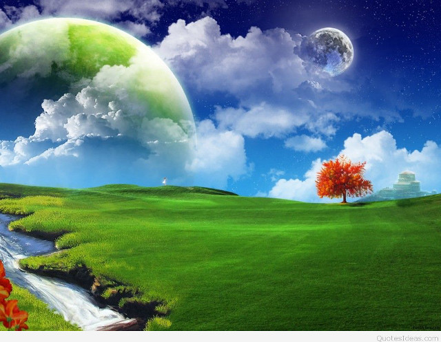 Green field tree stream painting free wallpaper for desktop - medium preview image