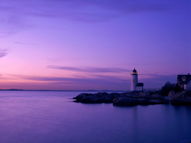 Lighthouse rocky shore sunset purple #2 free wallpaper for desktop - medium preview image