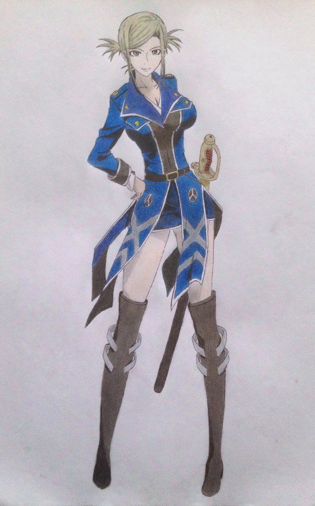 Woman blue outfit sword drawing free wallpaper for mobile - medium preview image
