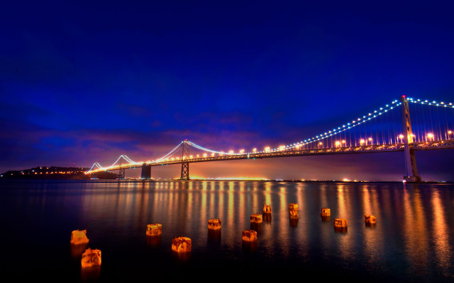Bridge night water lights lanterns free wallpaper for desktop - medium preview image