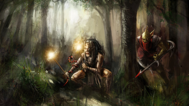 Painting people woods lights sword free wallpaper for desktop - medium preview image