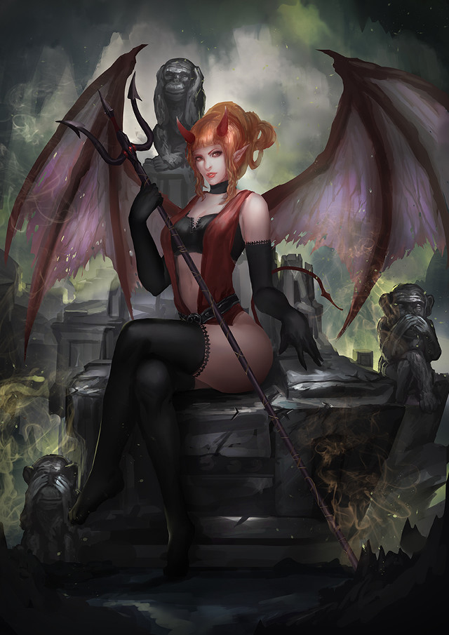 Woman sword statue demon back free wallpaper for mobile - medium preview image