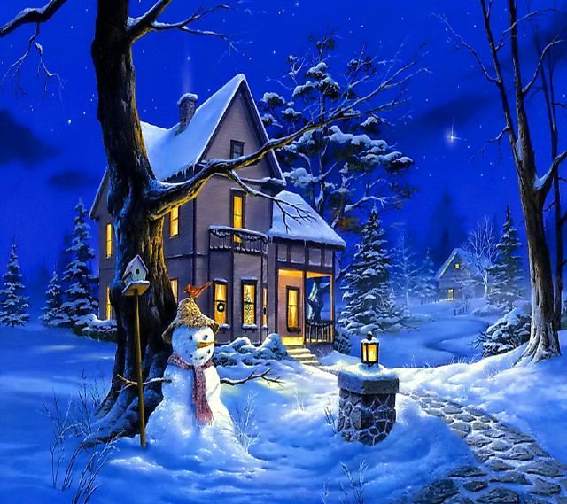 Snowman house night tree painting free wallpaper for tablet - medium preview image