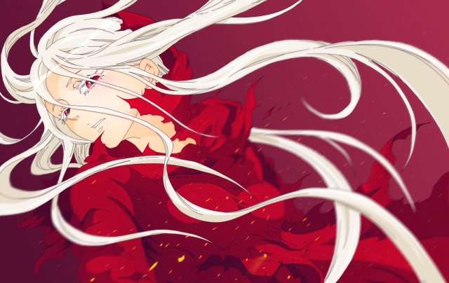 White haired girl red background free wallpaper for desktop - medium preview image